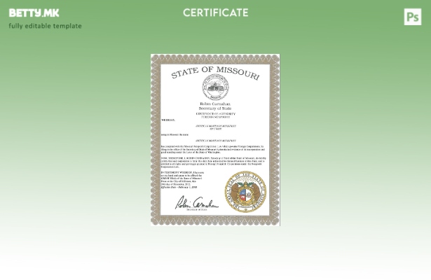 Модерен стил шаблон за потврда за брак во САД Мисури во шаблон PSD формат